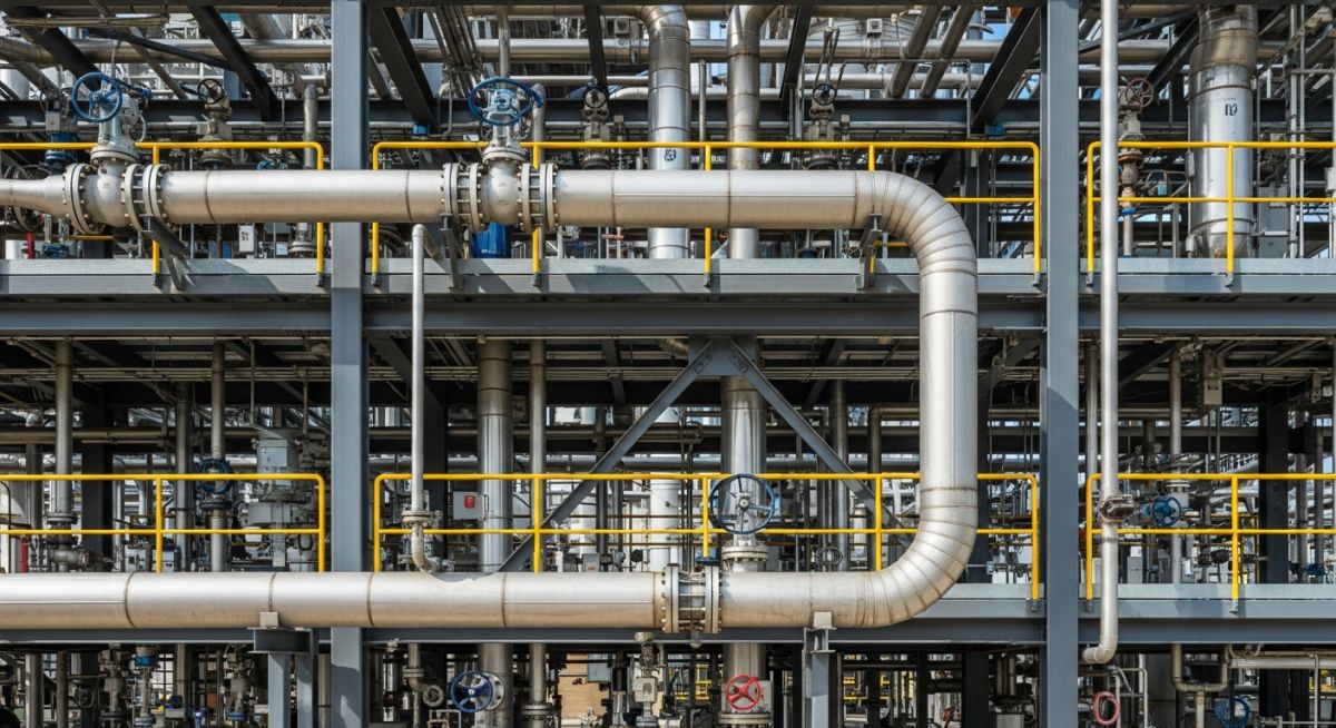 Complex industrial refinery pipe rack showing various pipe diameters, valves, and structural steel supports in a professional engineering setting.
