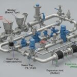 Industrial piping system showing various piping specialty items and inline components.