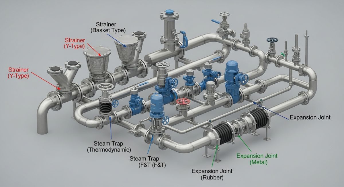 Industrial piping system showing various piping specialty items and inline components.