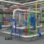 3D CAD model of industrial piping system showing color-coded piping classes and specifications.