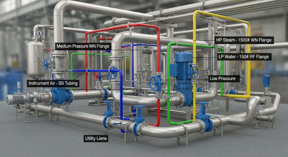 3D CAD model of industrial piping system showing color-coded piping classes and specifications.