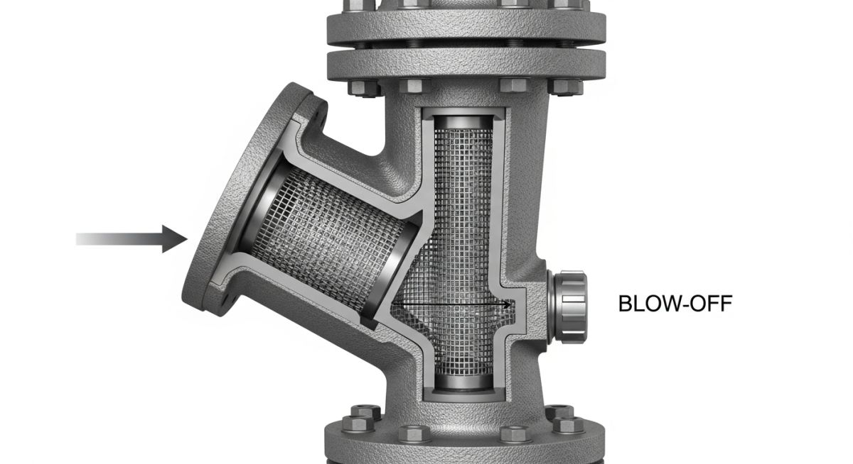 Industrial Y-type piping strainer installed in a high-pressure steel pipeline with visible flanged connections and blow-off valve.