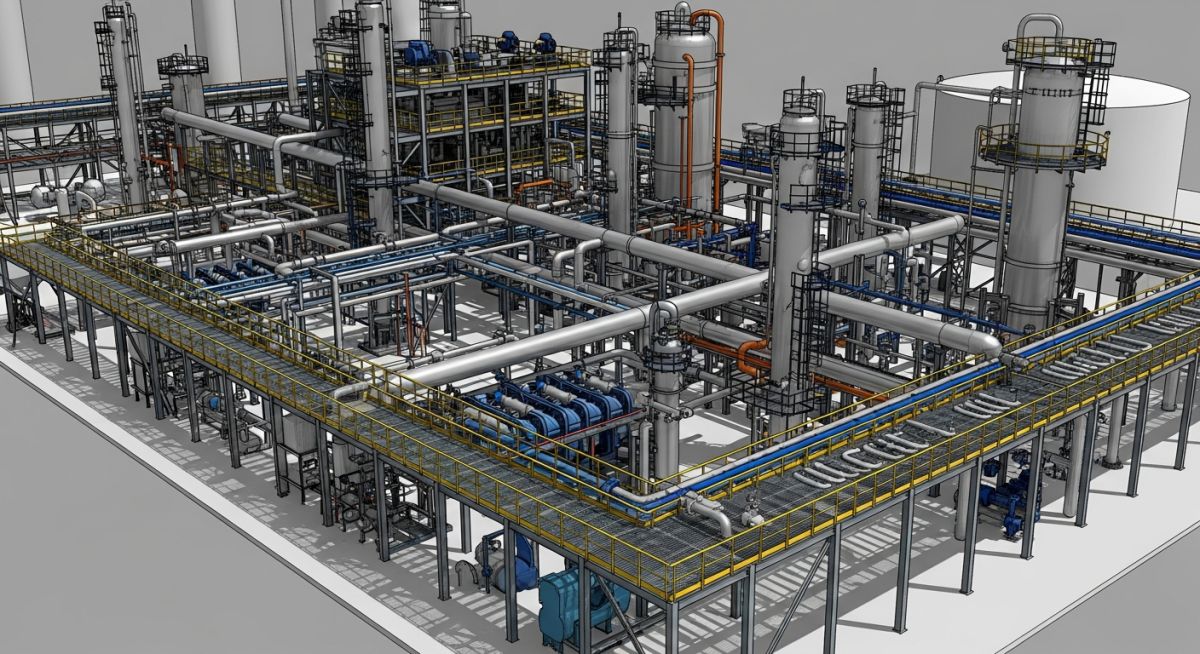 3D CAD model of an industrial process plant showing equipment clearances and access platforms.