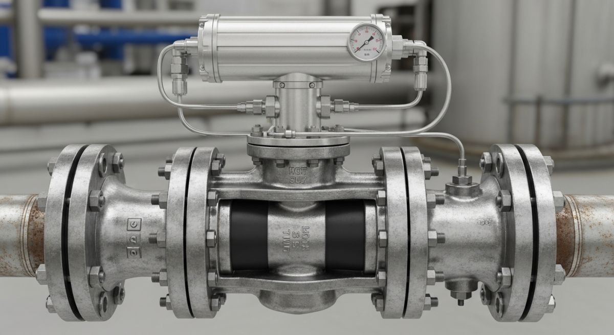 Industrial pneumatic pinch valve installed on a pipeline