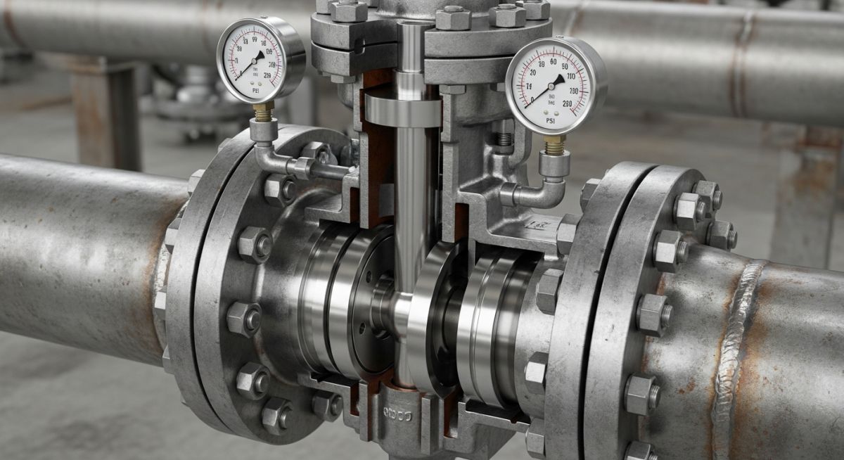 Industrial pressure control valve cutaway showing internal spring and diaphragm mechanism on a pipeline.