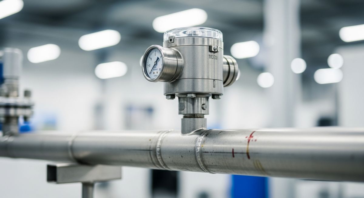 Industrial diaphragm pressure switch installed on a pipeline.