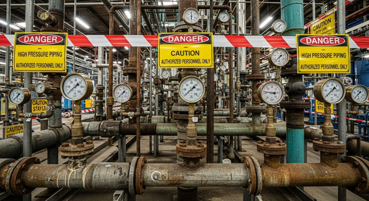 Industrial piping system with pressure gauges and red safety warning tape indicating a pressure testing zone.