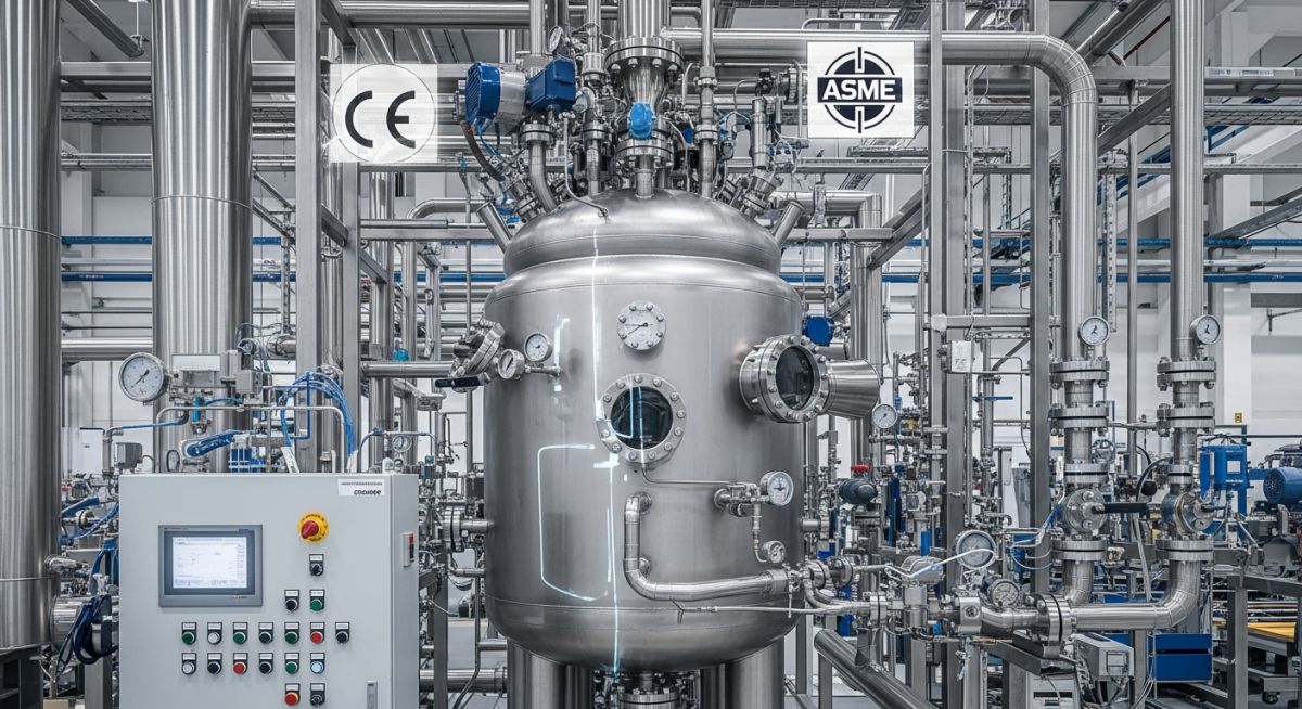 Industrial pressure vessel in a manufacturing facility representing PED and ASME compliance.
