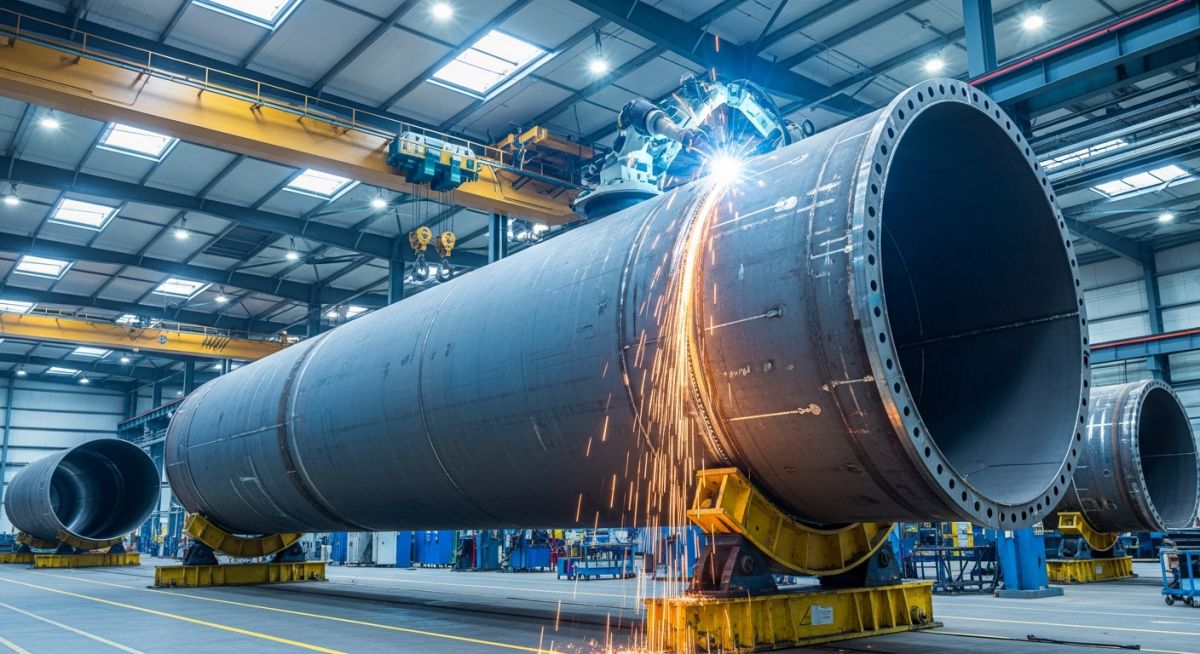 Industrial fabrication facility showing the welding process of a large steel pressure vessel