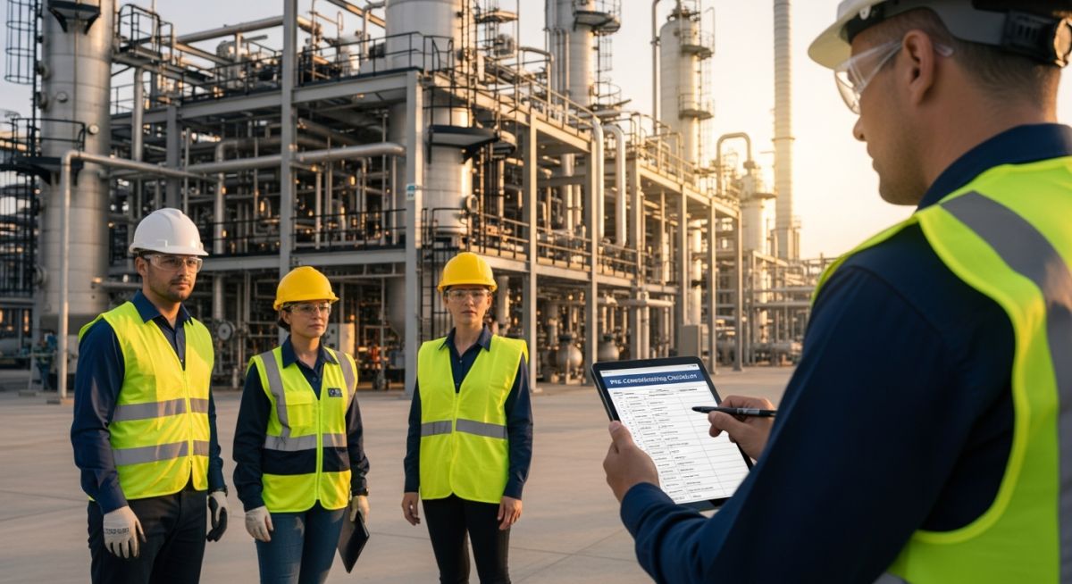Safety inspectors conducting a Pre-Startup Safety Review (PSSR) at an industrial plant.