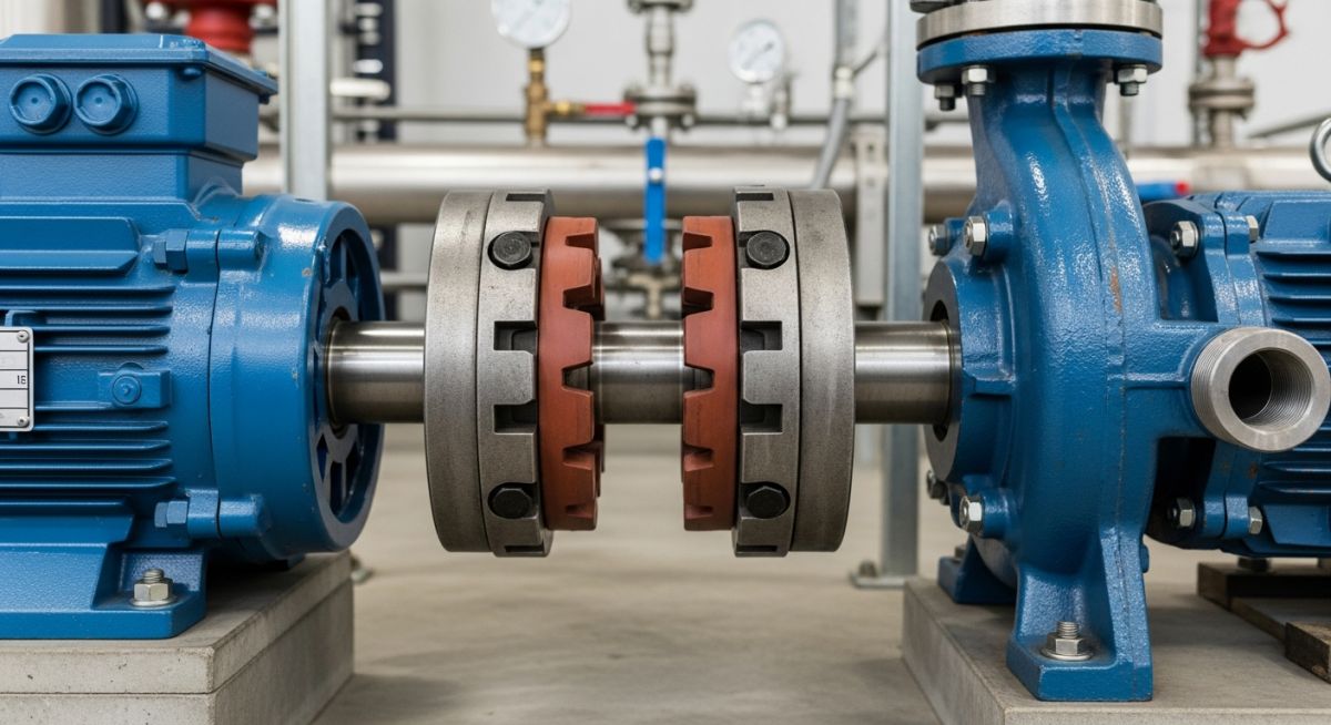 Close-up of a flexible jaw pump coupling connecting an electric motor to a centrifugal pump in an industrial facility.