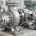 Industrial centrifugal pump installed on a concrete foundation with precision piping and alignment.