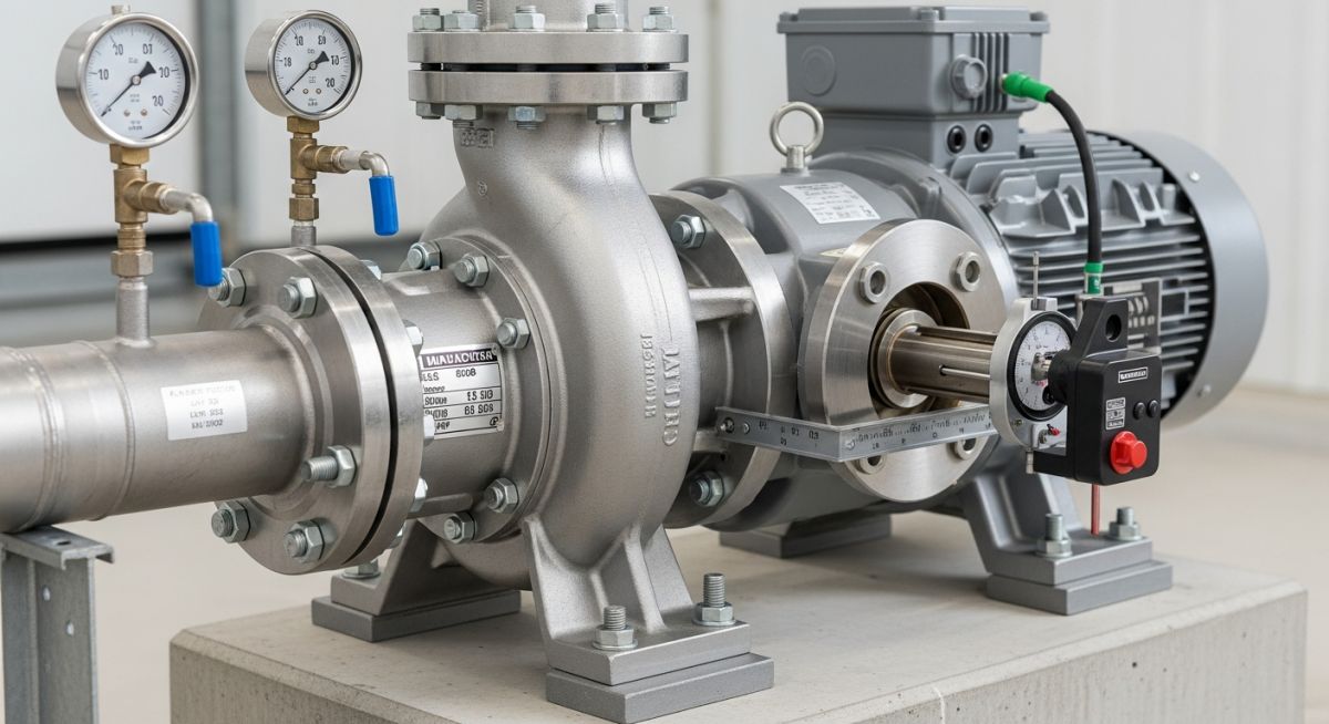 Industrial centrifugal pump installed on a concrete foundation with precision piping and alignment.