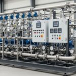 A fully assembled industrial pump skid system with stainless steel piping and control panels in a factory.