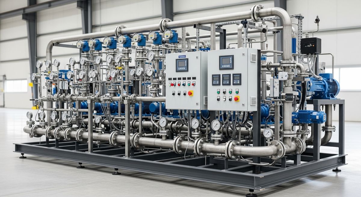 A fully assembled industrial pump skid system with stainless steel piping and control panels in a factory.