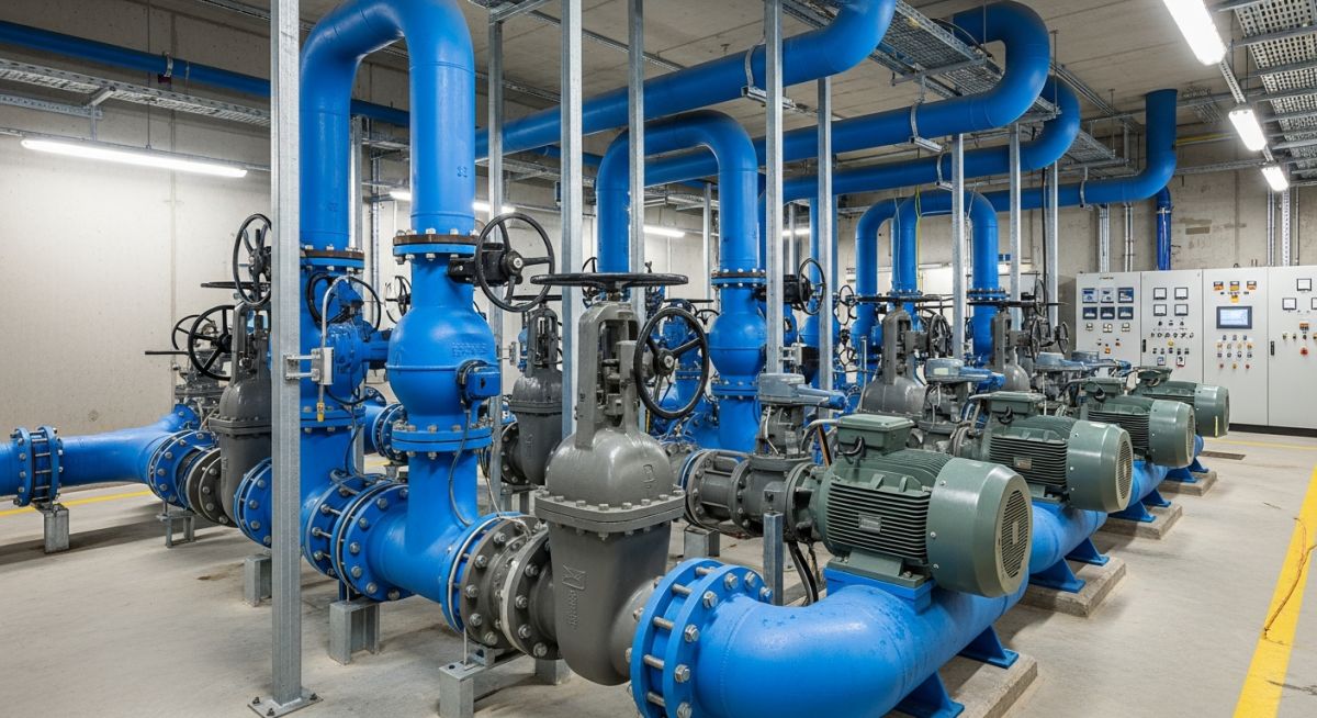 Industrial pump station with large blue cold water piping systems and high-pressure pumps.