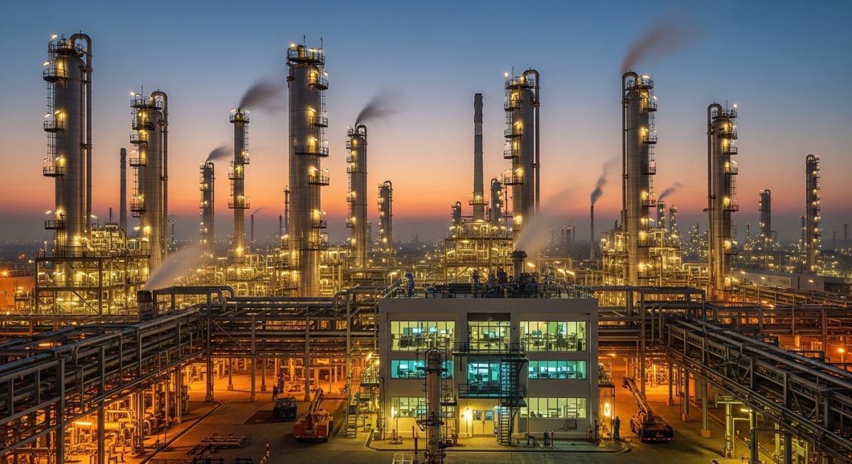 A sprawling petrochemical refinery at twilight showcasing complex piping infrastructure and industrial safety systems under strict Process Safety Management protocols.