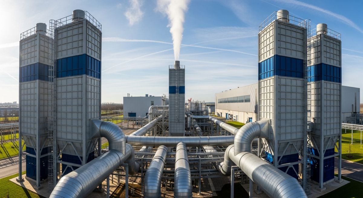 Large industrial wet scrubber towers installed at a manufacturing plant for air pollution control.