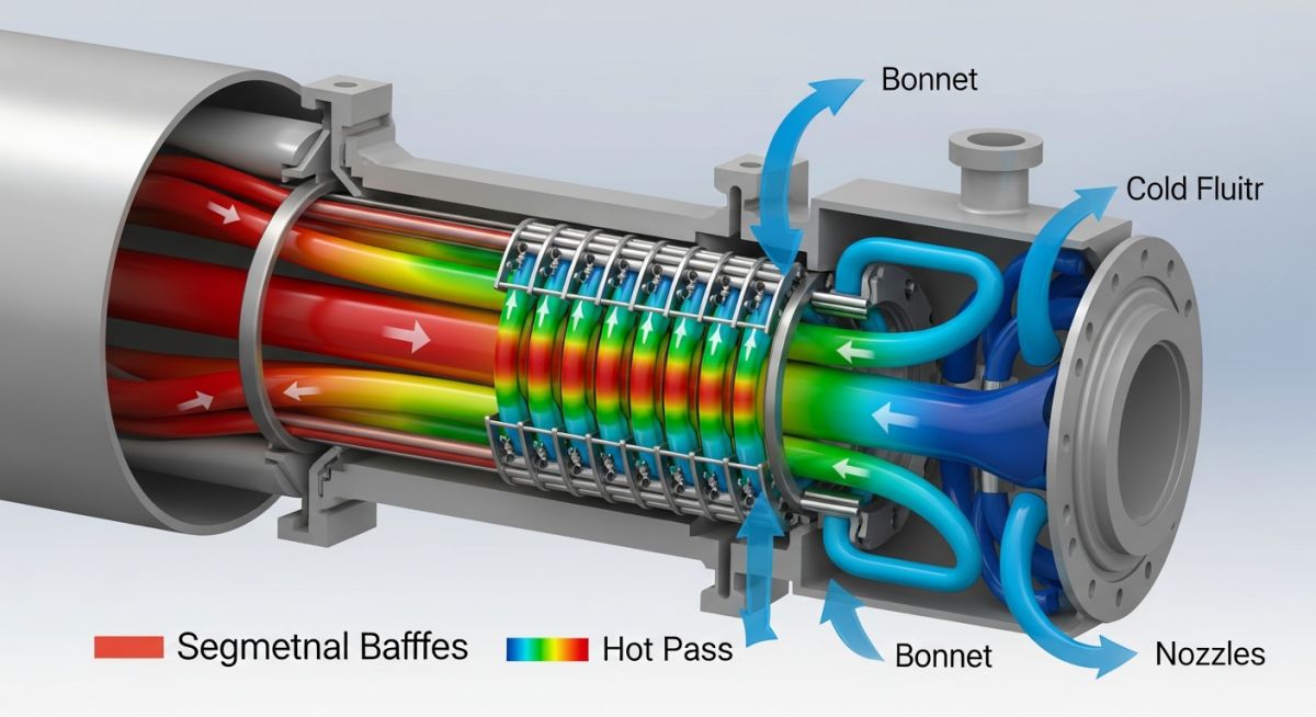 Cutaway 3D rendering of an industrial shell and tube heat exchanger showing internal tubes and fluid flow paths.