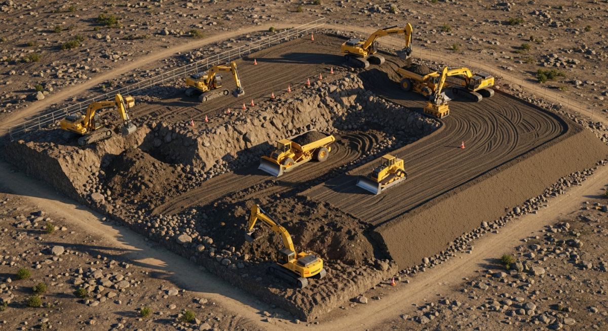 3D engineering visualization of industrial site grading showing cut and fill earthwork operations on uneven terrain.