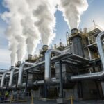 High-pressure steam venting from industrial piping during a steam blowing procedure.