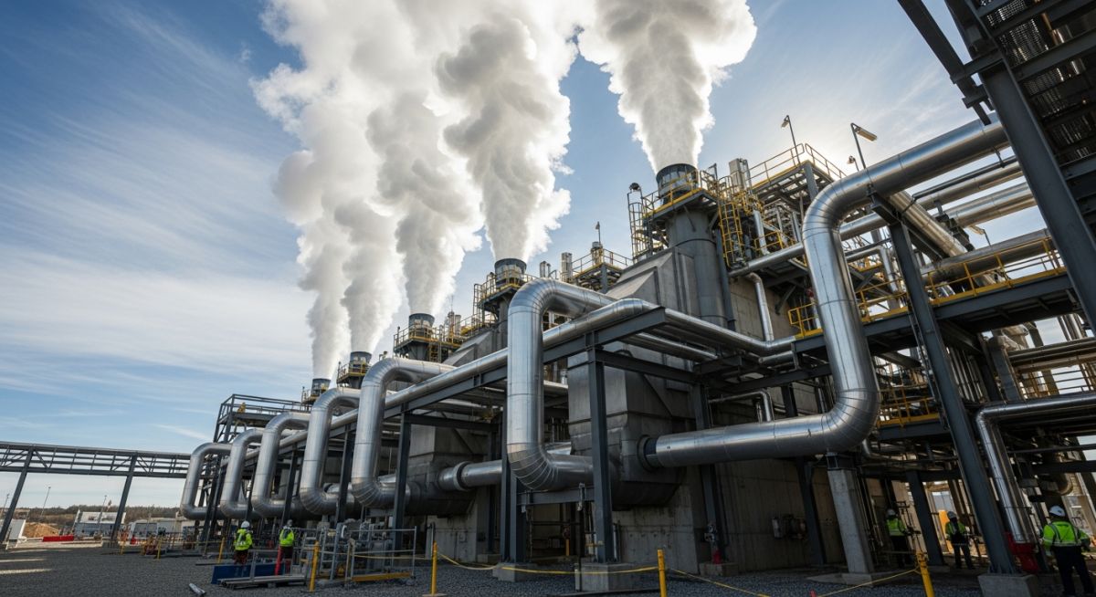 High-pressure steam venting from industrial piping during a steam blowing procedure.