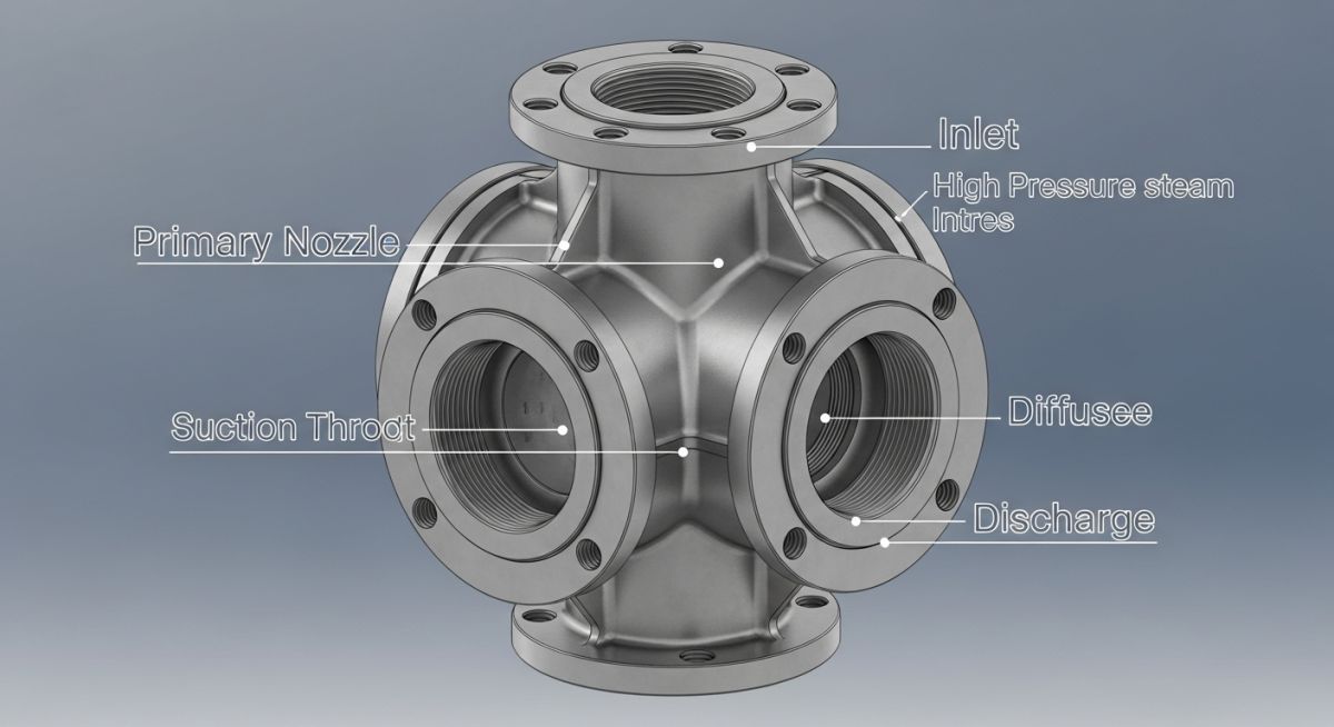 Industrial steam jet ejector 3D CAD model showing inlet and discharge ports