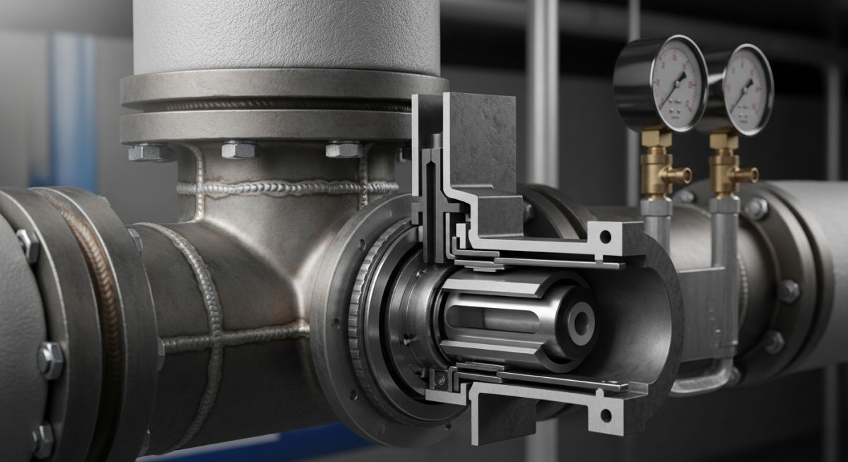Cross-section view of an industrial thermodynamic Steam Trap showing internal disc and orifice components on a steam pipe.