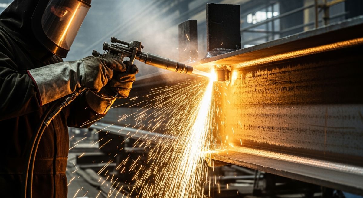 Industrial technician applying protective steel surface coating for corrosion prevention.
