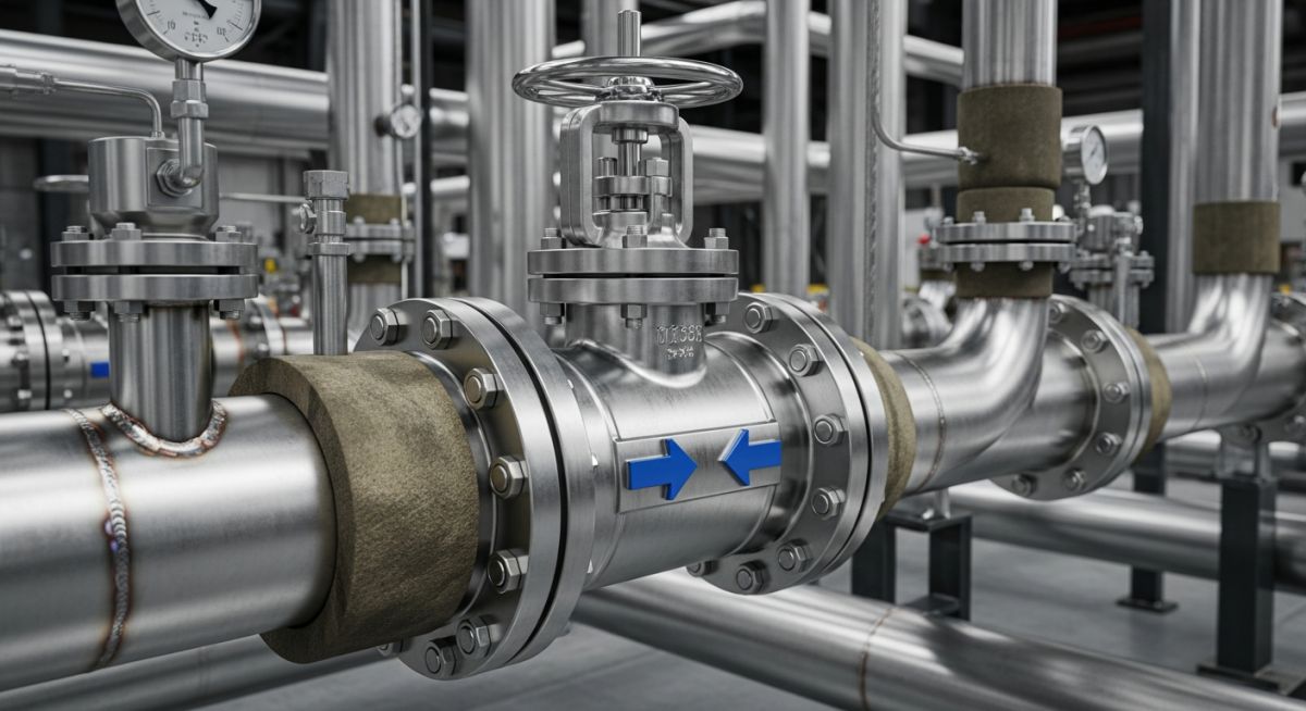 Industrial stainless steel swing non-return valve installed in a pipeline
