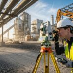 Professional land surveyor operating a total station on an industrial construction site for topographical mapping.