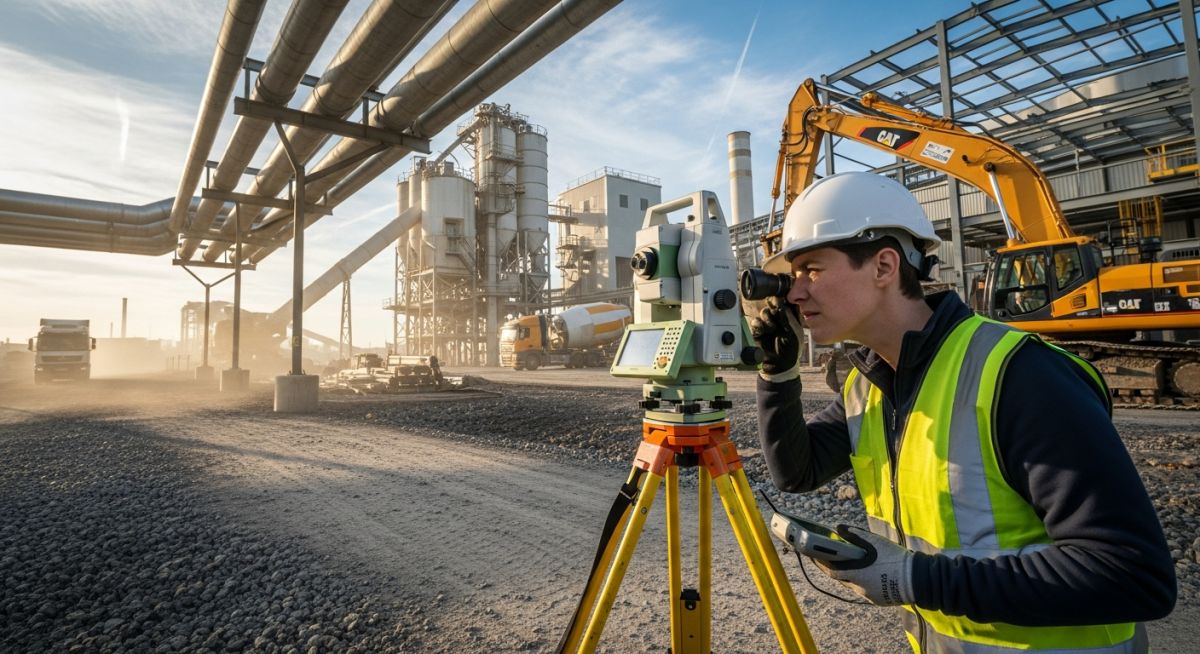 Professional land surveyor operating a total station on an industrial construction site for topographical mapping.