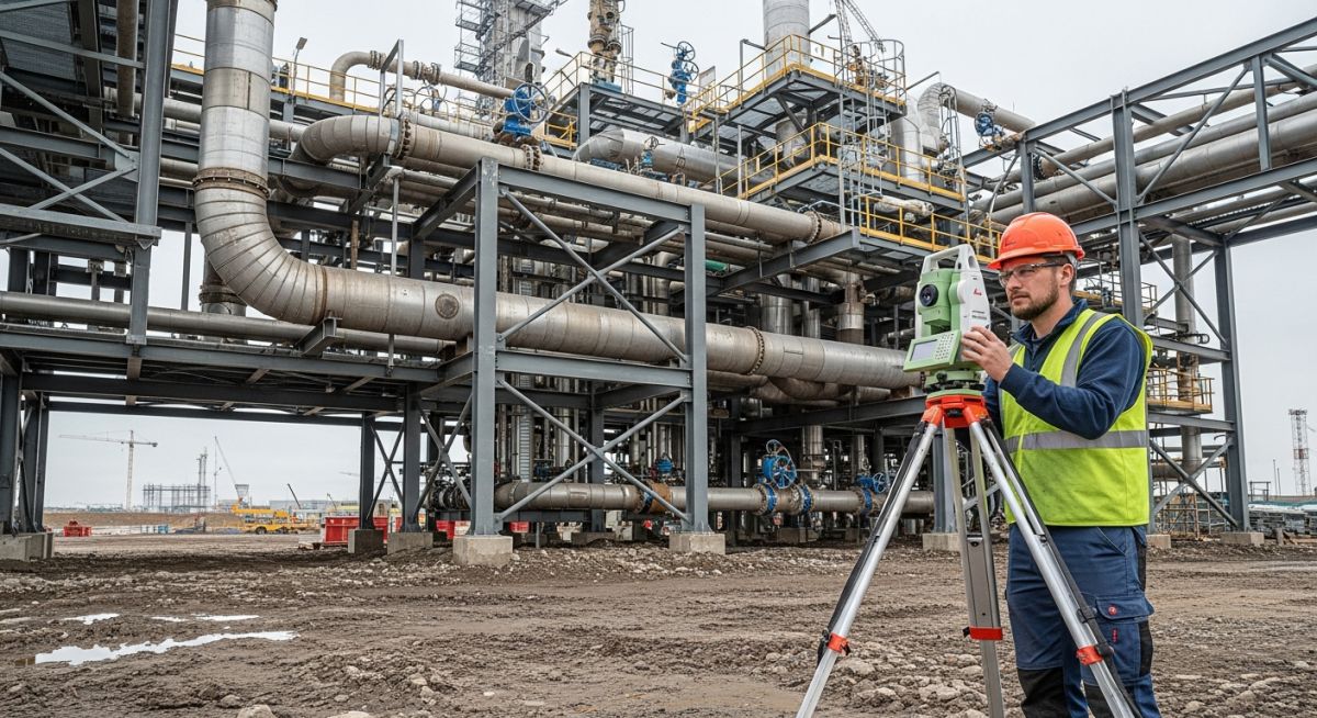 Professional land surveyor using a total station on an industrial construction site for topographical surveys.