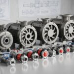Various types of industrial pumps displayed in a modern engineering facility.