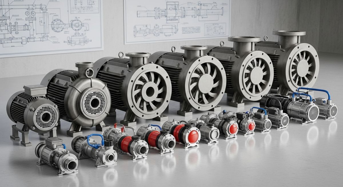 Various types of industrial pumps displayed in a modern engineering facility.