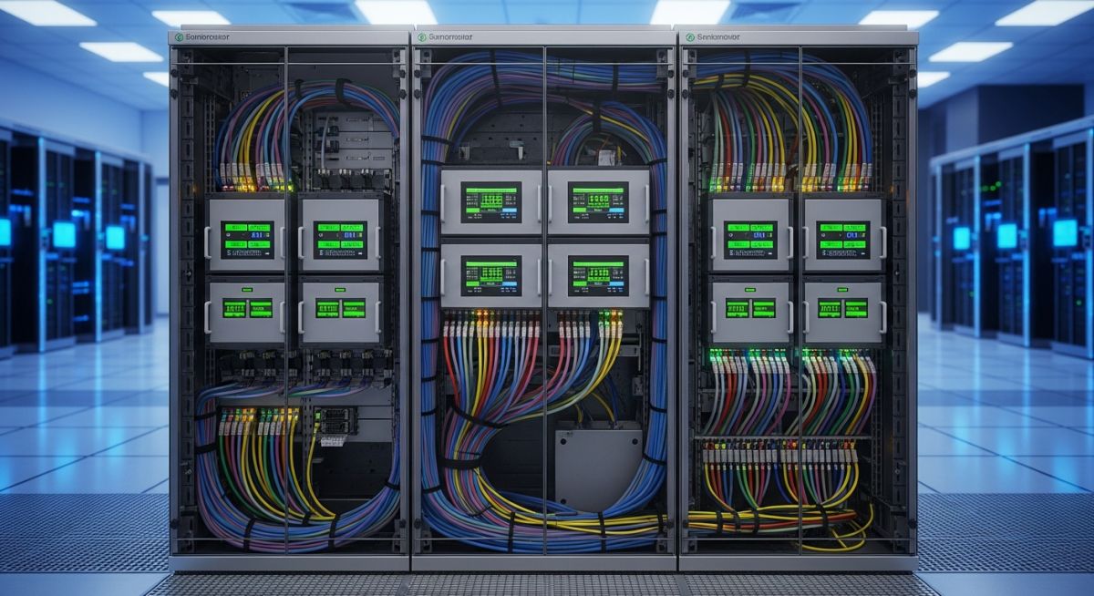 Industrial Uninterruptible Power Supply cabinet installed in a high-tech control room environment for critical power backup.