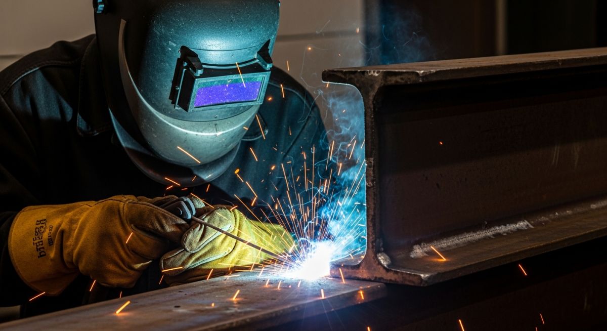 Certified welder performing structural welding repair on a heavy steel beam with sparks flying.