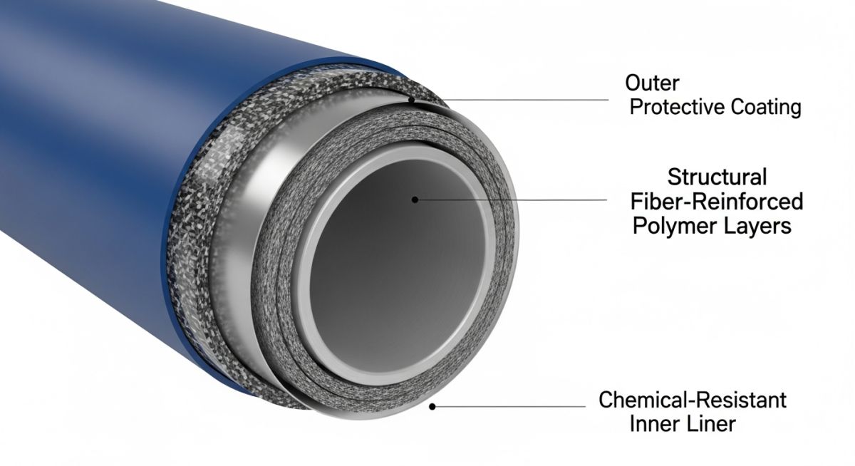 Cross-section diagram of an anti-corrosive composite pipe showing structural and barrier layers