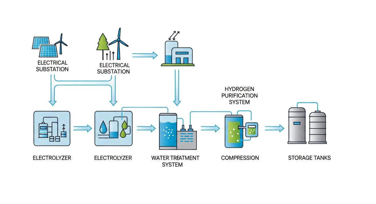 Detailed infographic illustrating the process flow of a green hydrogen plant, from renewable energy input to hydrogen storage.