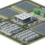 Isometric view of an integrated industrial site featuring data centers, solar panels, battery storage, and hydrogen production facilities.