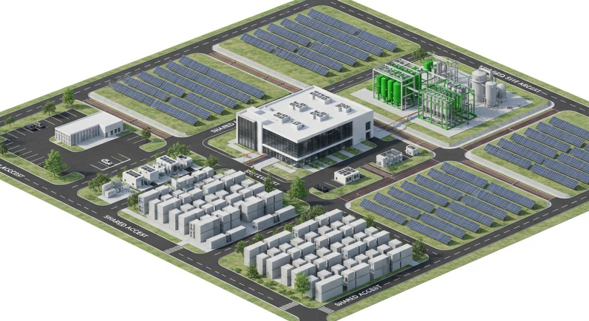 Isometric view of an integrated industrial site featuring data centers, solar panels, battery storage, and hydrogen production facilities.