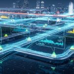 A digital twin visualization of an intelligent pipeline network with glowing data overlays and real-time monitoring metrics.