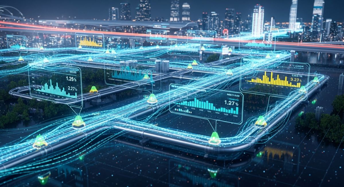 A digital twin visualization of an intelligent pipeline network with glowing data overlays and real-time monitoring metrics.