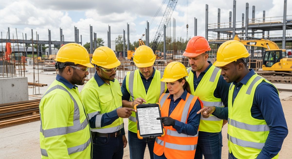 Industrial engineering team reviewing a Job Safety Analysis checklist on a digital tablet at a construction site