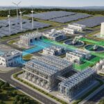 3D engineering visualization of a green hydrogen production facility showing electrolyzers, renewable energy integration, and storage infrastructure.