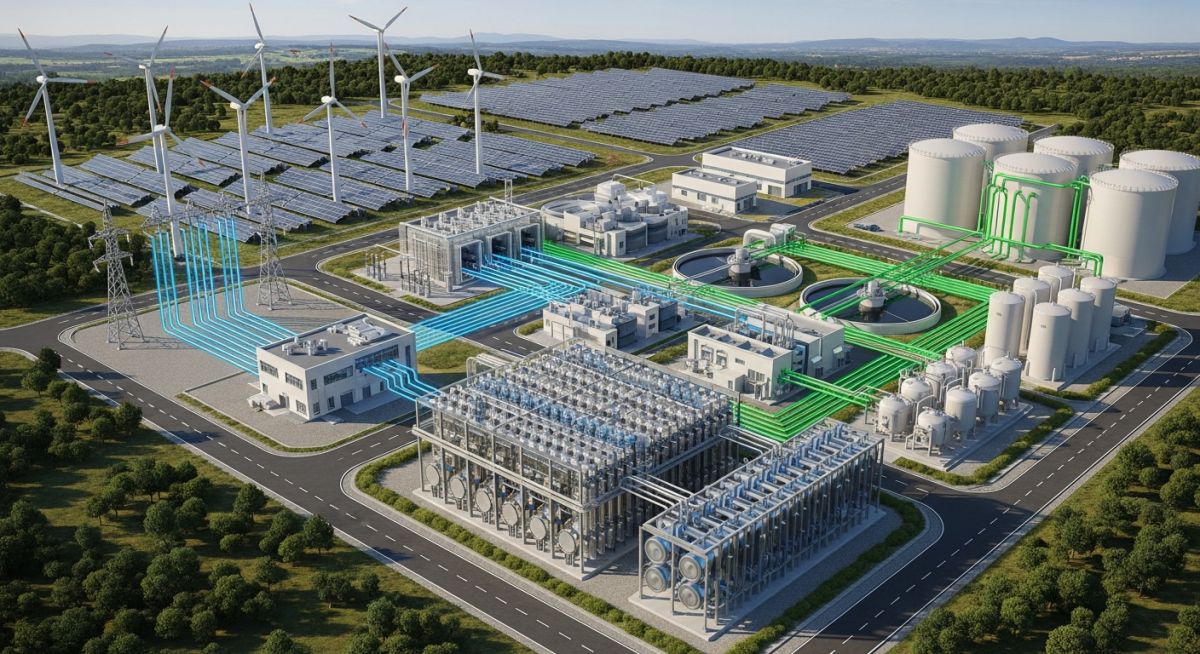 3D engineering visualization of a green hydrogen production facility showing electrolyzers, renewable energy integration, and storage infrastructure.