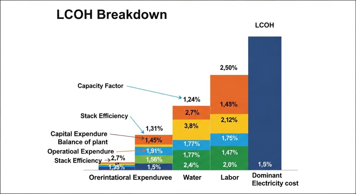 Technical infographic detailing the cost breakdown components of Levelized Cost of Hydrogen.
