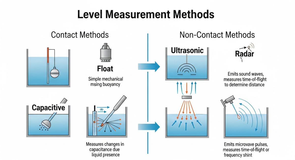 Classification diagram of level measurement types including contact and non-contact methods