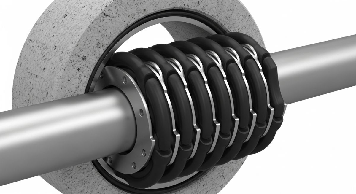 A Link Seal modular mechanical seal installed around a steel pipe passing through a concrete wall sleeve.