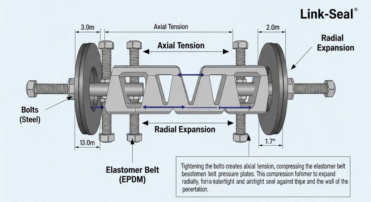 Link Seal sizing and components diagram showing annular space and bolt torque
